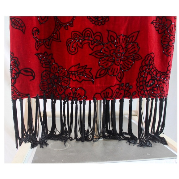 Muse Red Velvet Black Beaded Fringe Midi or Maxi Skirt 4 - Picture 5 of 8